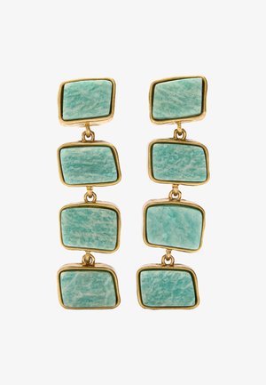 Złote kolczyki wiszące z czterema prostokątnymi kamieniami turkusowymi o fakturowej powierzchni, połączonymi małymi złotymi akcentami.