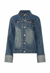 Jeansjacka i medelblått, med knappstängning framtill, två bröstfickor och långa ärmar med uppvikta ärmslut. Lätt blekningsdetalj.