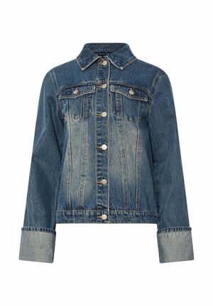 Denim-takki keskisinisessä värissä, jossa on napitettava etuosa, kaksi rintataskua ja pitkät hihat, joissa on käänteet. Kevyt haalistuminen.