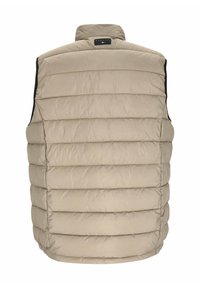 Beige gepolsterte Weste mit hohem Kragen, die horizontale Steppbereiche und schwarze Seiteneinsätze aufweist. Etikett am Hals befestigt.