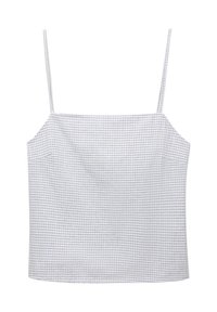 Világoskék és fehér kockás crop top vékony, állítható pántokkal és egyenes nyakkivágással. Az anyag sima és könnyű.