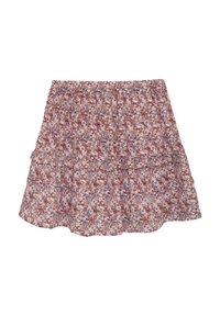 Rock mit Blumenmuster und gestuftem Design, in Rottönen und Blau auf weißem Hintergrund. Mit elastischem Bund und weichem Stoff.