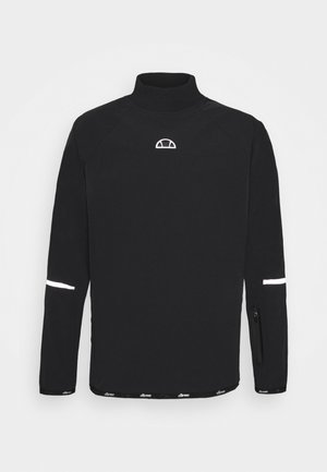 Zwarte trui met lange mouwen en hoge kraag, wit logo op de borst, witte strepen op de mouwen en een mouwzak met ritssluiting.