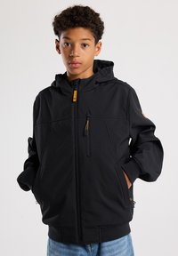 Schwarze Kapuzenjacke mit einem Reißverschluss, Fronttaschen und elastischen Bündchen. Aus leichtem, glattem Stoff gefertigt.