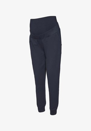 Pantalons de jogging bleu marine avec une large ceinture, des poches latérales et des poignets côtelés. Fabriqués à partir d'un matériau doux et extensible pour le confort.
