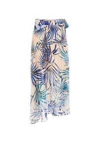 Falda maxi con un fondo crema adornado con patrones de hojas de palma en azul y verde, fabricada en un tejido suave y con un detalle de cinturilla atada.