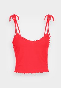 Červený žebrovaný crop top s nastavitelnými šňůrkami, se zvlněným lemem a texturovanou tkaninou pro přiléhavý vzhled.