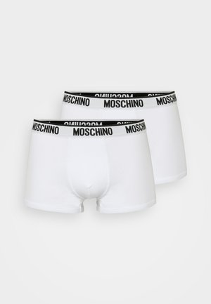 Boxers en coton blancs avec une ceinture à logo noir affichant le texte "MOSCHINO". Texture lisse et design ajusté. Deux paires présentées.