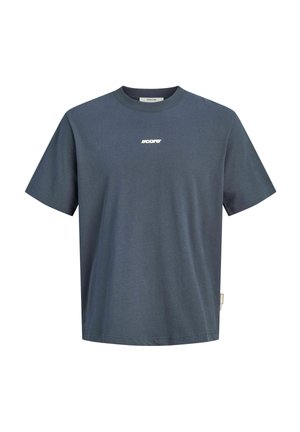 T-shirt gris foncé à manches courtes avec petit logo blanc "JJCORE" centré sur la poitrine et une étiquette sur la couture latérale gauche.