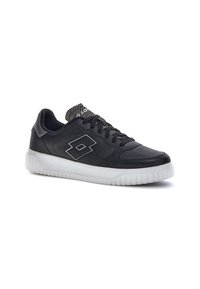 Black athletic sneaker with textured leather upper, distinctive logo, grey accents, and a rubber sole. Features a padded collar and laces.