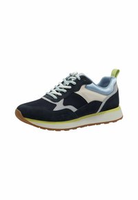Navy blue suede sneaker with light grey and green accents, textured surface, thick white midsole, and rubber outsole. Features laces and a back tab.