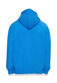 Blauer Kapuzenpullover mit lockerer Passform, der eine glatte Textur und einen gerippten Saum aufweist, von hinten ohne grafische Details gezeigt.