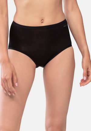 High-waisted black underwear made of soft, smooth fabric, featuring a simple design with no visible seams or patterns.