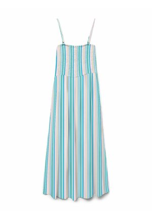 Črtasta maksi obleka z tankimi naramnicami, ki vsebuje vertikalne črte v teal, modri, roza in beli barvi. Prilegajoč bodice s spuščeno, A-linijsko krilo.