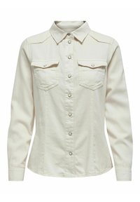 Chemise blanc cassé à manches longues avec boutons-pression sur le devant, deux poches poitrine à rabat avec boutons-pression, col et taille cintrée.