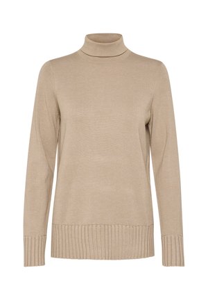 Beige coltrui gemaakt van gebreide stof, met lange mouwen en geribde boorden en zoom, met een gladde, zachte textuur.