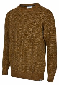 Rundhals, langärmliger Pullover aus braunem und gelbem Strick, mit strukturiertem Muster sowie gerippten Bündchen und Saum. Markenlabel am unteren Ende.