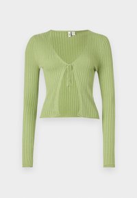 Grünes, geripptes Langarmoberteil mit V-Ausschnitt und Bindeband in der Taille. Weicher Stoff, taillierte Passform und cropped Länge.