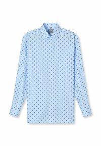 Hellblaues langärmeliges Hemd mit Knopfleiste am Kragen, das ein wiederholendes dunkelblaues Paisleymuster über den Stoff zeigt.