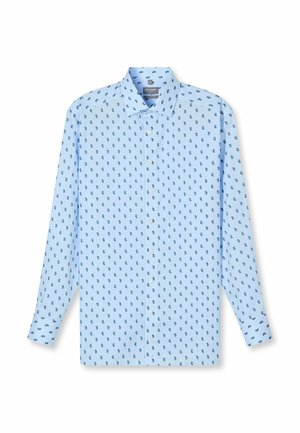 Light blue long-sleeved shirt with a button-down collar, featuring a repeating dark blue paisley pattern across the fabric.