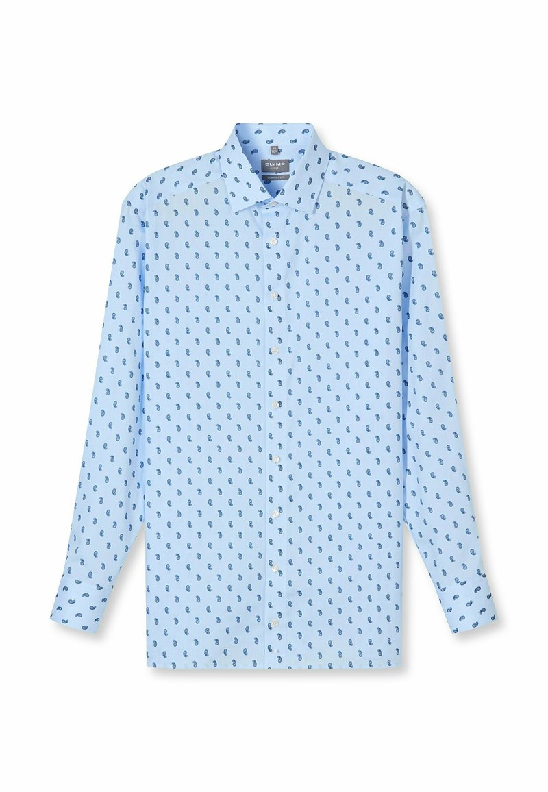 Hellblaues langärmeliges Hemd mit Knopfleiste am Kragen, das ein wiederholendes dunkelblaues Paisleymuster über den Stoff zeigt.