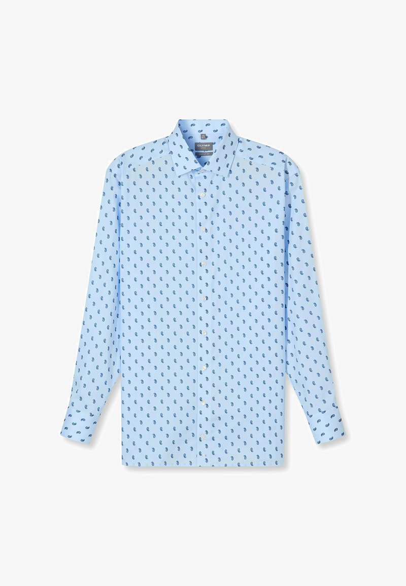 Hellblaues langärmeliges Hemd mit Knopfleiste am Kragen, das ein wiederholendes dunkelblaues Paisleymuster über den Stoff zeigt.