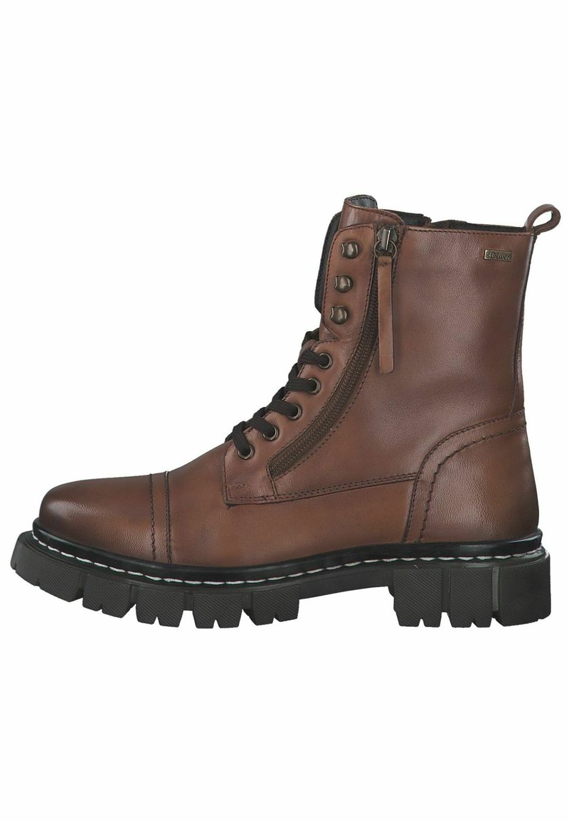 Bottine en cuir marron avec un bout arrondi, un laçage à l'avant, une fermeture éclair sur le côté et une semelle en caoutchouc robuste avec des rainures profondes pour l'adhérence.