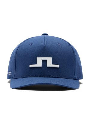 Niebieska czapka baseballowa z białym, abstrakcyjnym logo umieszczonym na środku przedniej części i napisem „FLEX” po lewej stronie.
