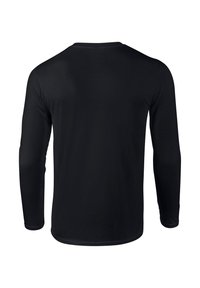 Svart långärmad skjorta, tillverkad av mjukt tyg. Har en rundad halsringning och slät textur. Inga synliga mönster eller grafiska detaljer.