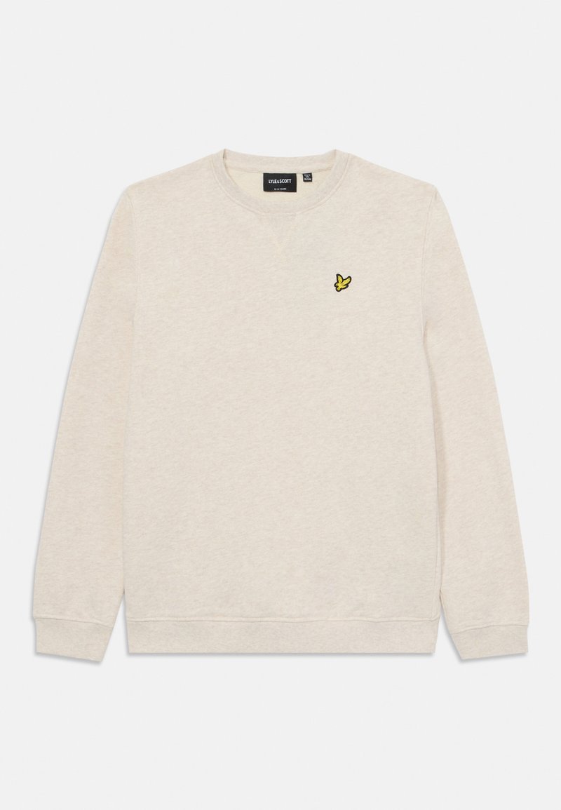 Heled beige-sweeširt pehmest kangast, millel on ringkaelus ja soonikkätikud. Rinnal on väike kollane liblikalogo.