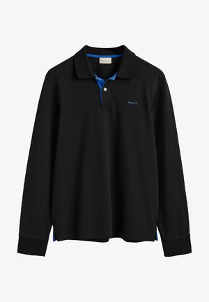 Zwart poloshirt met lange mouwen en een blauwe accent onder de kraag, voorzien van een drievoudige knoopsluiting en een klein logo op de borst.