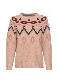 Rosa gestrickter Pullover mit rundem Ausschnitt, der ein geometrisches Muster in Dunkelblau und Kastanienbraun an der Schulterpartie und eine weiche, strukturierte Oberfläche aufweist.