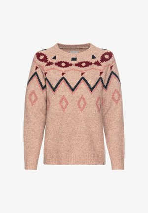 Lyserød strikket sweater med rund halsudskæring, prydet med et geometrisk mønster i mørkeblå og bordeaux ved yoken og en blød, struktureret overflade.