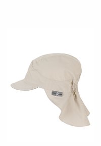 Beige Sonnenhut aus leichtem Stoff, mit breiter Krempe, Nackenklappe für zusätzlichen Schutz und einem gestickten Logo-Patch.