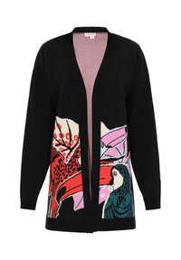 Čierny cardigan so farebným vzorom vtákov na prednej strane, s výstrihom do V a otvoreným predným dielom, vyrobený z mäkkého pleteného materiálu.