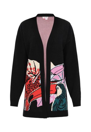 Cardigan nero con un motivo di uccelli colorati sul davanti, con design a V e apertura frontale, realizzato in morbido materiale lavorato a maglia.