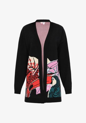Black cardigan featuring a colorful bird pattern on the front, with a V-neck design and open front, made of soft knit material.