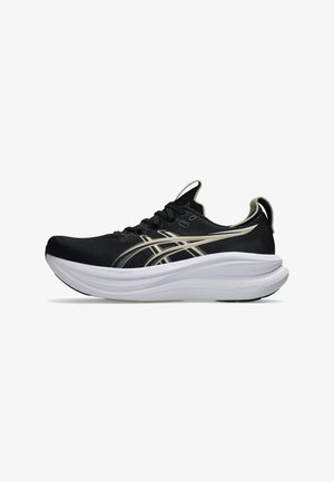Black athletic shoes with a lightweight design. Features a smooth upper, white midsole, and gold accents on the side for detail.
