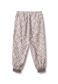 Jasnoróżowe spodnie w kwiatowy wzór z elastycznym pasem i marszczonymi mankietami, wykonane z miękkiego materiału dla komfortu i swobody ruchów.