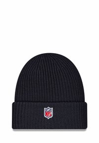 Berretto nero a maglia con risvolto. Presenta un piccolo logo NFL ricamato in rosso, bianco e blu sul davanti. Tessuto strutturato.
