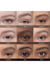 Dziewięć par oczu zaprezentowanych w trzech rzędach, ukazujących różne odcienie: blond, taupe, jasnobrązowy, karmelowy, czekoladowy, średniobrązowy, ciemnobrązowy, hebanowy i granitowy.