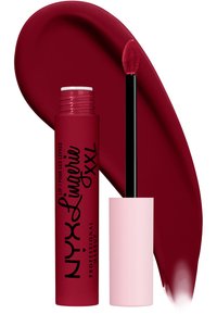 NYX Lingerie XXL läppprodukt i en tube med en mörkröd nyans. Innehåller en svart applikator och ett ljusrosa lock med tydlig text.