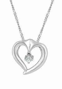 Hõbedane südamekujulise ripatsiga, mille keskel on ümar teemant, riputatud keerutatud hõbedast kett. Sile tekstuur ja poleeritud viimistlus.