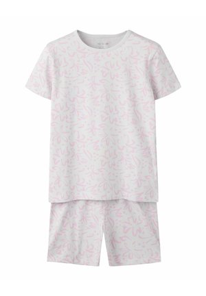 Ensemble blanc composé d'un haut à manches courtes et d'un short avec un motif floral abstrait rose clair.