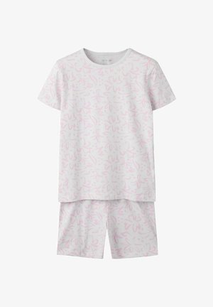 Ensemble blanc composé d'un haut à manches courtes et d'un short avec un motif floral abstrait rose clair.