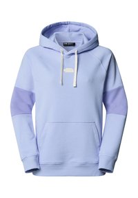 Ljuslila hoodie med en rymlig framficka, dragsko i huva och kontrasterande mörkare lila ärmar. Har en liten logo på bröstet.