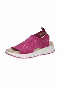 Rózsaszín slip-on cipő hálós felsőrésszel, strasszkövekkel díszítve, nyitott orral és fehér talppal rózsaszín részletekkel. Texturált anyag és rugalmas kialakítás.