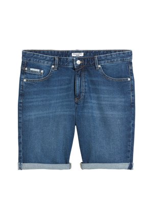 Denim shorts in dark blue wash, featuring front pockets, a rolled hem, and metal button closure. Label reads "Marc O’Polo Berlin."