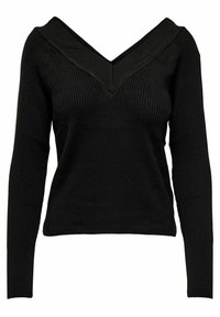 Suéter negro de punto con canalé, un profundo escote en V y mangas largas, que presenta un detalle de cuello doblado.