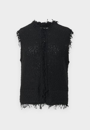 Colete preto sem mangas com um design texturizado e tecido, bordas desfiadas e sem fechos; possui dois bolsos frontais e parte frontal aberta.